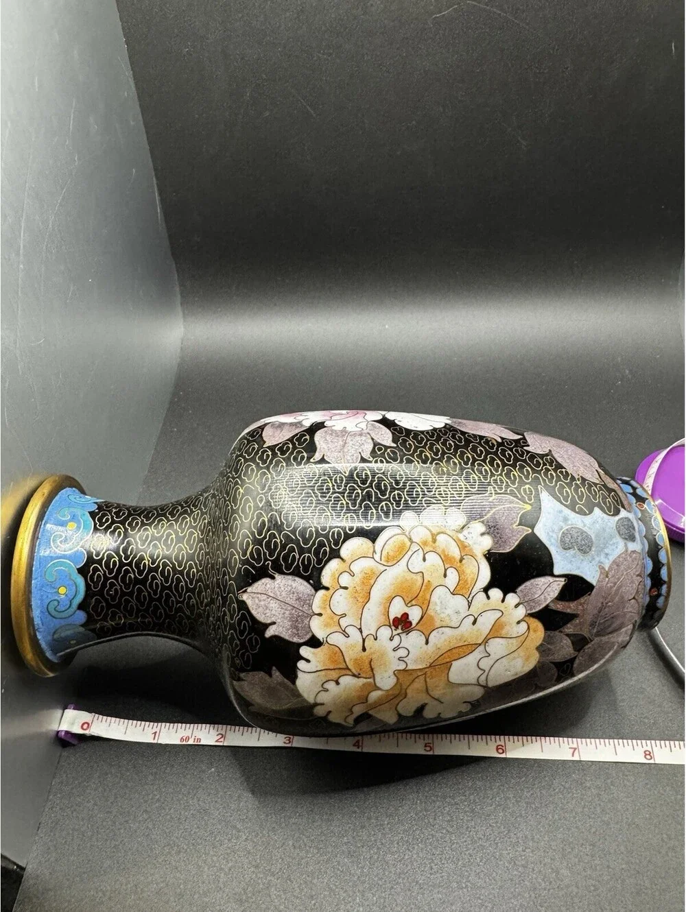 Vintage Brass And Cloisonne Vase China - 8” Flowers Butterfly - Pink & Yellow
